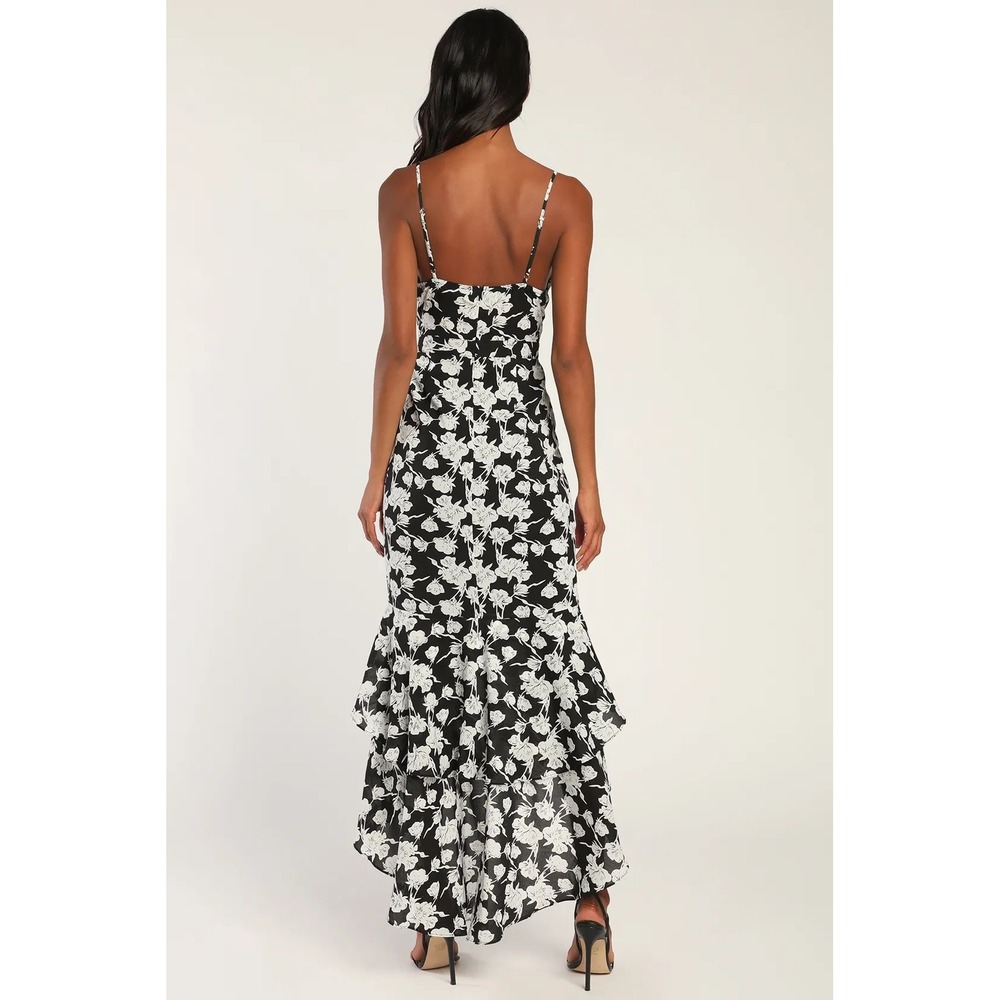 LULUS Women's Darling Daylily White & Black Floral Print High-Low Maxi Dress XS - Picture 10 of 11